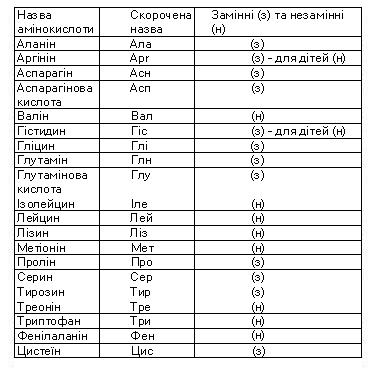 Назви основних амінокислот та їхні скорочені позначення