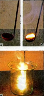Красный фосфор (а) и его горение на воздухе (б) и в кислороде (в)