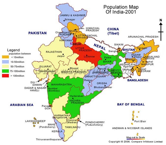 Карта заселеності Індії по штатах.