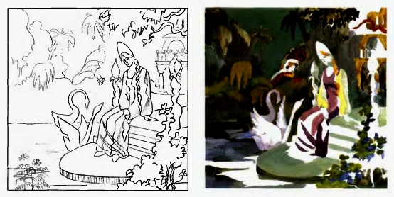 Выполнение рисунка композиции карандашом; первоначальное прокрытие основных цветовых пятен персонажей и фона в холодном колорите