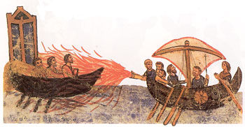 Візантійці спалюють ворожі кораблі «грецьким вогнем»