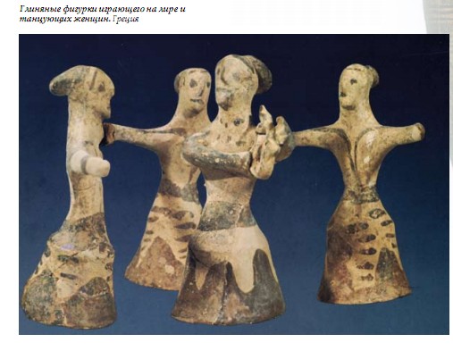 Глиняные фигурки играющего на лире и танцующих женщин. Греция